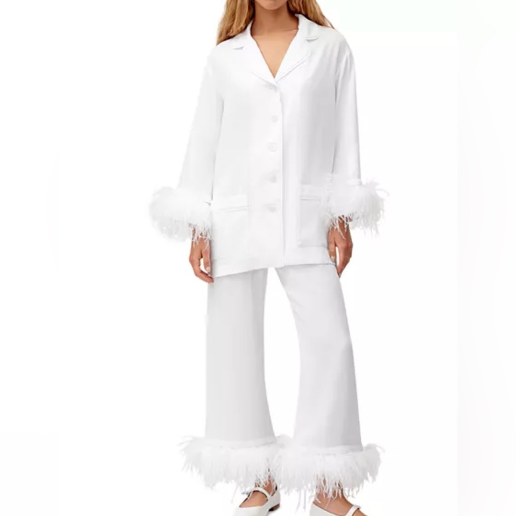 Elegant White Feather Trim Pajama Set